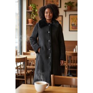 Gallery Faux Shearling Long Coat Black Button Front Jacket Women’s Medium Used
